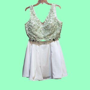 Sz.XL*Narianna*2-Pc. Rhinestone Crop Top & White Pleated Mini-Skirt W/ Tulle